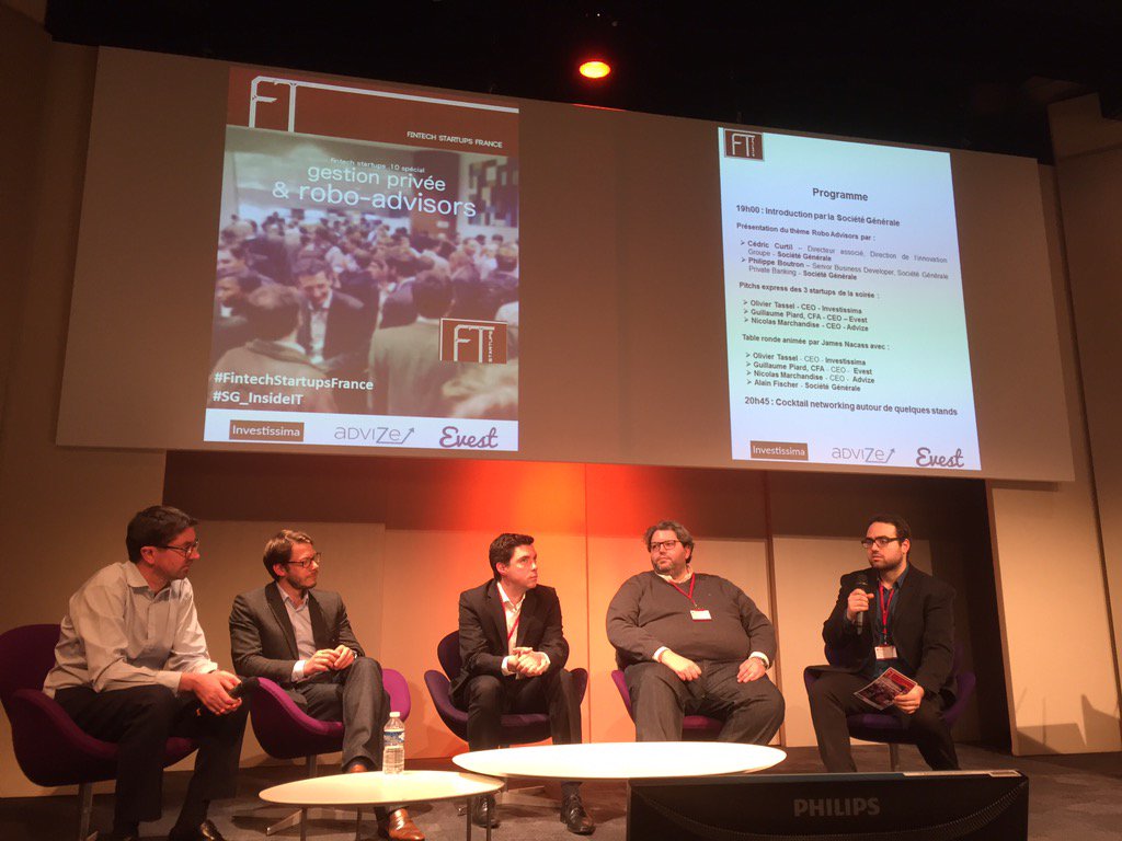 ccurtil's tweet photo. Table ronde sur les robo advisor chez @SocieteGenerale lors de la #fintechnight avec @investissima #evest @ADVIZE_FR https://t.co/hSrE52L2zk