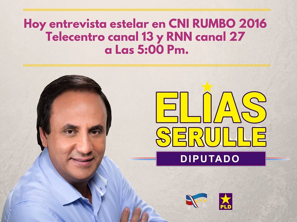 EliasDiputadoDn's tweet photo. Hoy a las 5:00 PM la entrevista a nuestro Diputado en el programa CNI RUMBO 2016 telecentro canal 13 y RNN canal 27. https://t.co/Aj2jwuHneH