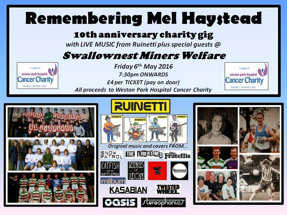 ruinetti's tweet photo. 'Remembering Mel Haystead' Charity Gig!Friday May 6th@Swallownest Miners Welfare. All proceeds to @WPCancerCharity https://t.co/oYqKxuYBh6