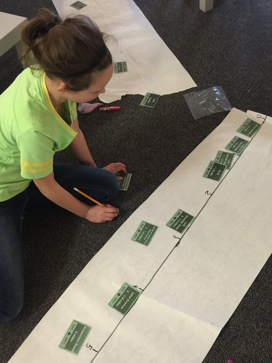 DWEObney's tweet photo. S's plot exits and emergency pull offs on highway 315, then generate own questions. #MTBoS #numberline #fractions https://t.co/546OzkPWgg