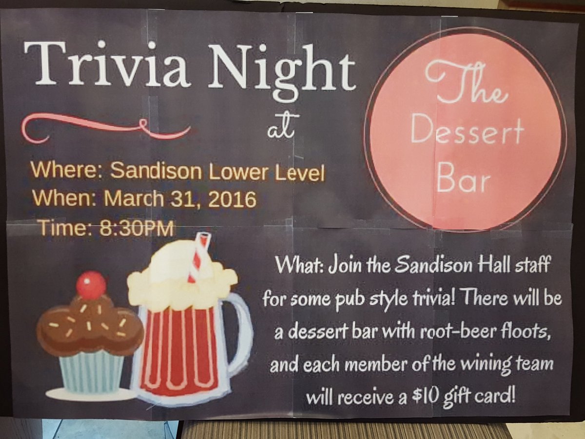 SandisonHall's tweet photo. We will not being having a meeting tonight due to TRIVIA! Come down and have an awesome time! https://t.co/d1QMb1mN4l