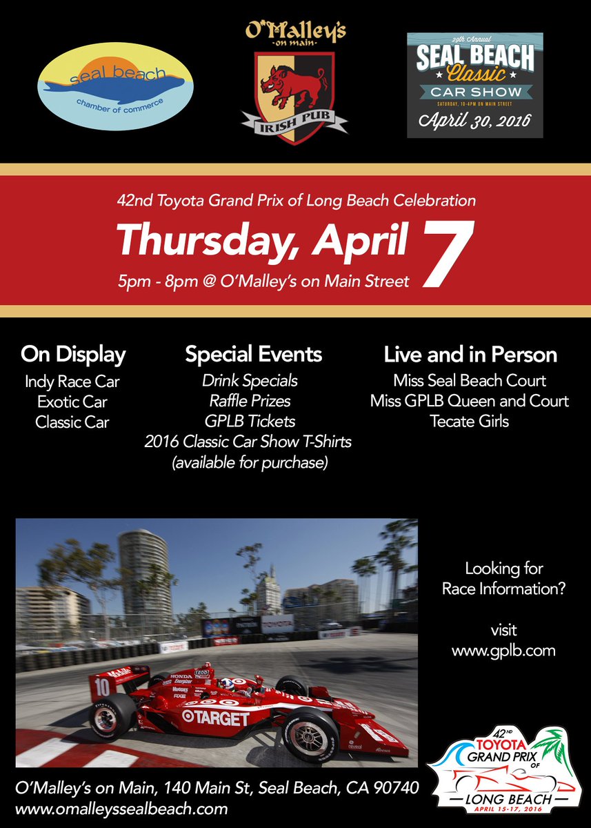 Seal Beach, we're coming. Join us 4/7 at #OMalleysOnMain. Drink specials, #MissTGPLB court &amp; #TGPLB tixs! #FUN #FREE