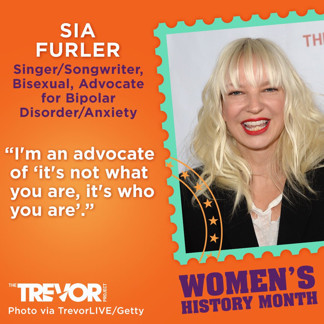 TrevorProject's tweet photo. For #WHM16 we highlight @Sia for increasing visibility for #mentalhealth issues through music ✨ #BHAM2016 https://t.co/qamuzHraFh