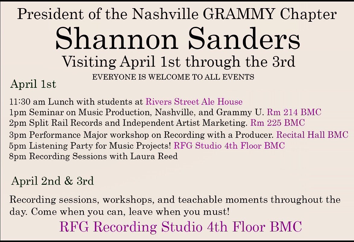 RFGStudio's tweet photo. The President of the Nashville Grammy chapter, Shannon Sanders, will be visiting the Hayes School of Music tomorrow! https://t.co/r1QbF0mlZK