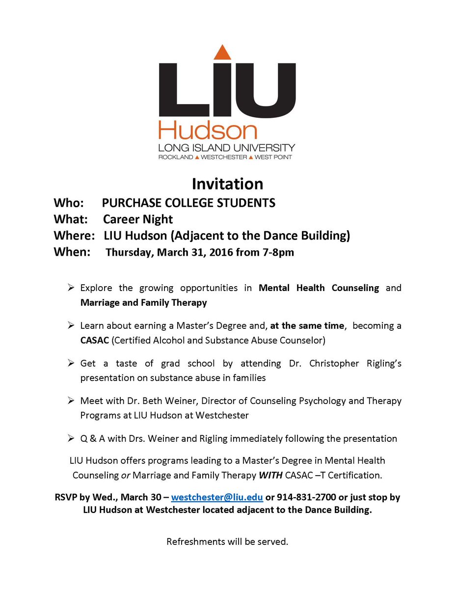 LIUHudson's tweet photo. @purchasebrick 3/31/16 CAREER NIGHT FOR PURCHASE STUDENTS 7-8pm – LIU @LIUHudson https://t.co/K6ghFHBgEF