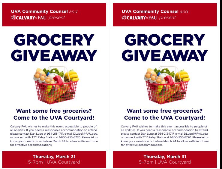 rsafau's tweet photo. Come Out to UVA in Less Than an Hour!
Free Groceries, No Catch!
Just spreading Love at FAU! Go Owls👌! 🔵🔴🔵🔴 https://t.co/MOqfmar7mB