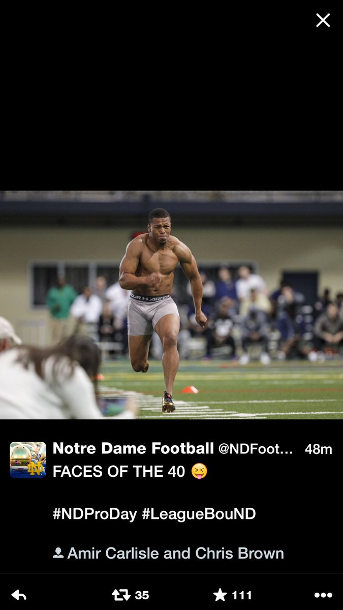 DuaneCarlisle's tweet photo. Proud of my son, Amir's performance at ND's Pro Day today. Ran 4.46 (some had 4.39), vert-35, 225-17 reps. #next https://t.co/4Iwa61yw5Y