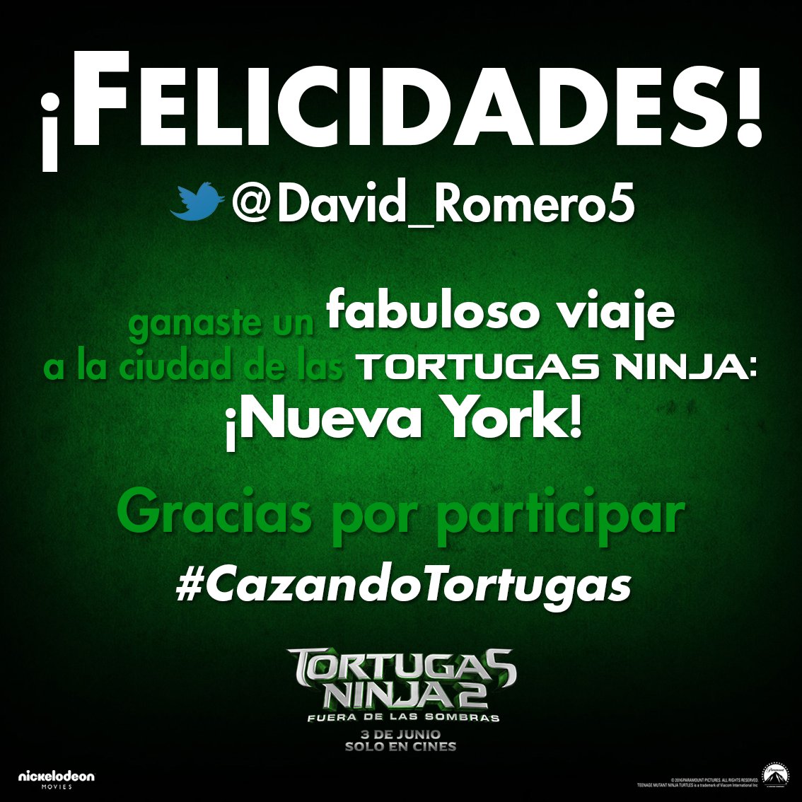 ParamountMexico's tweet photo. ¡Ya tenemos al ganador del reto #CazandoTortugas! Felicidades @David_Romero5 https://t.co/hc626j13dW