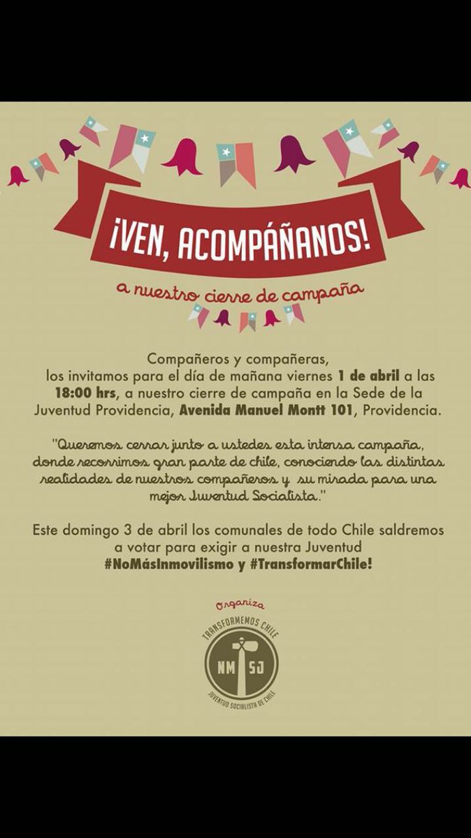 dante_veraA's tweet photo. Ven a nuestro cierre de campaña en Juventud Providencia!  Porque la @JS_Chile y el @prensaps dicen #NoMasInmovilismo https://t.co/spjtfpssbt