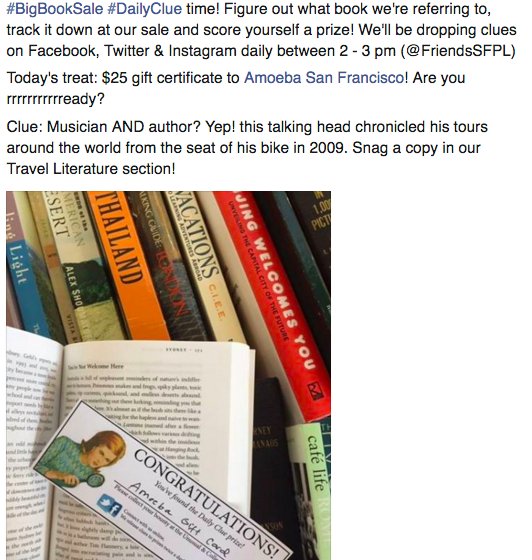 FriendsSFPL's tweet photo. #BigBookSale #DailyClue time! We're giving out prizes each day, just crack the clue &amp; find the book! ty @amoebamusic https://t.co/WMwOPjTRTn