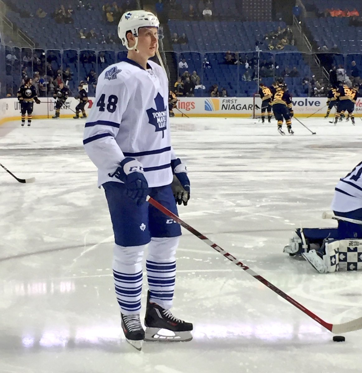 MapleLeafs's tweet photo. Caledonia native, @TorontoMarlies captain, Leafs fan. Andrew Campbell is set for his debut in Blue &amp; White. #TMLtalk https://t.co/JUFkf911Jx