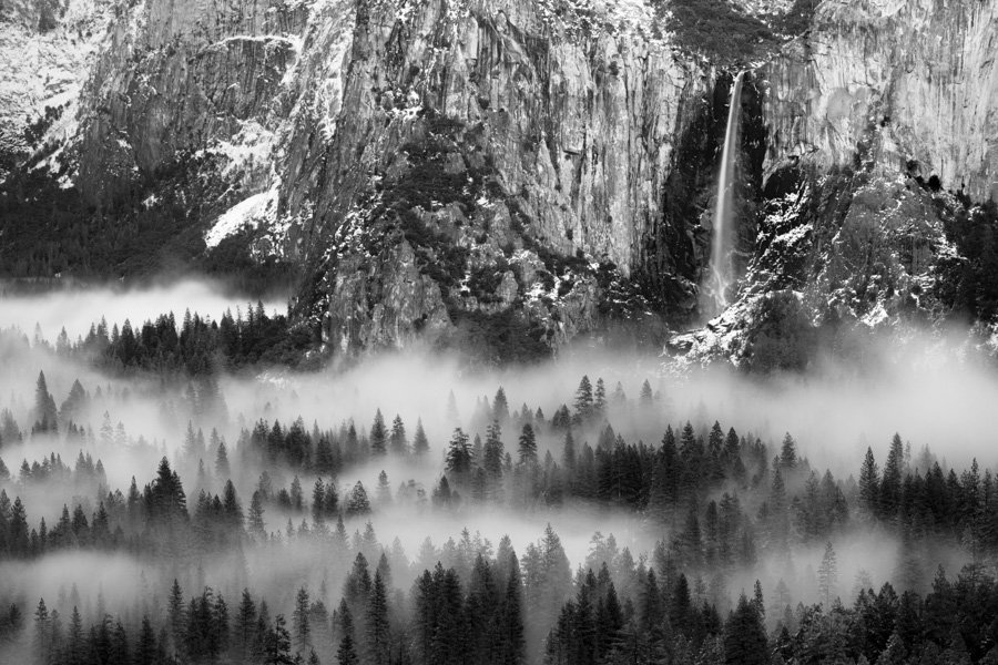 Bridalveil Falls and Yosemite Valley in fog, Yosemite National Park, California #nature #photography #Lexarmemory