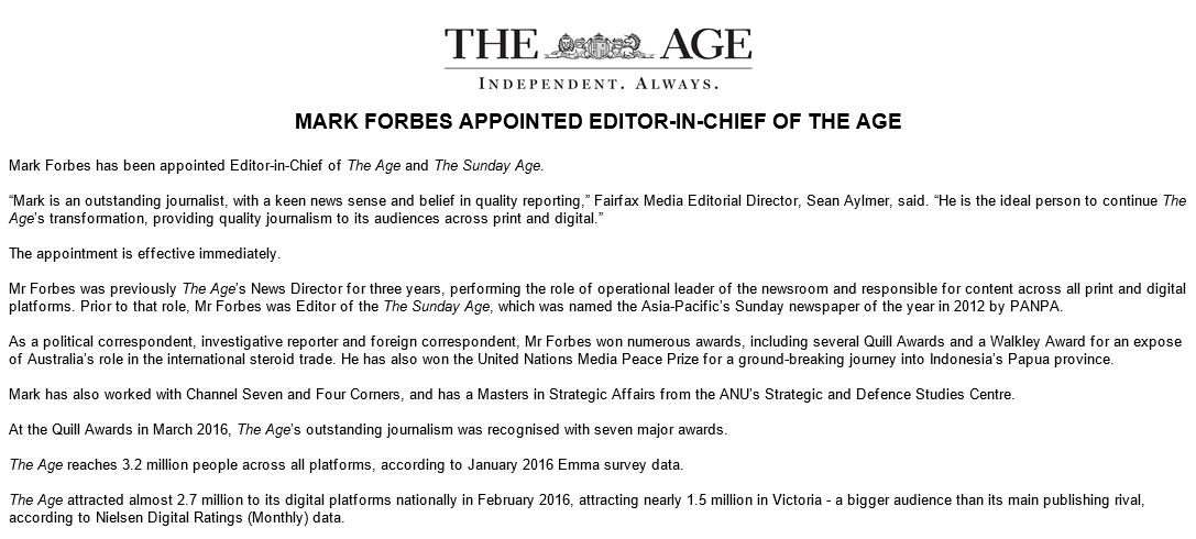 Mark Forbes appointed Editor-in-Chief of <a href="/theage/">The Age</a> and Sunday Age. Now tweets @EICTheAge