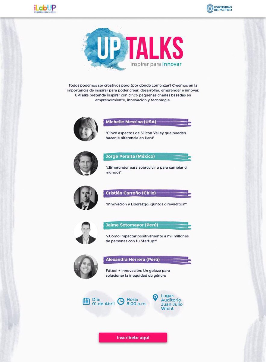 japeraltag's tweet photo. Mañana el 1er #UPTalks en la @UdelPacifico #iLabUP #innovacion @innovadisrup https://t.co/oiYs3OqO7V