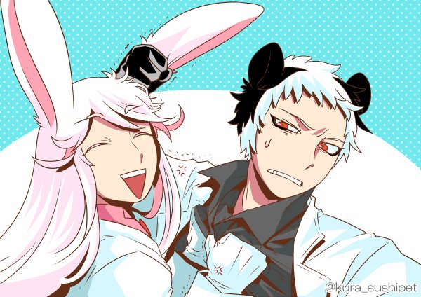 「しゃりうさとしゃりパンダは喧嘩してるなあ～。
いつものことだけど。 」|すしペットのイラスト