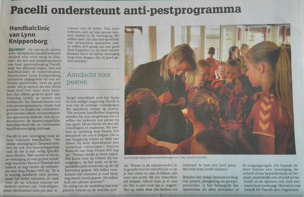 Pacelli ondersteunt <a href="/stoppestennu/">Stichting Stop Pesten Nu ✿ Official ✿ StopBullying</a> met o.a. handbalclinic van <a href="/Lynnknippenborg/">Lynn Knippenborg</a> @ElnaLichtenv