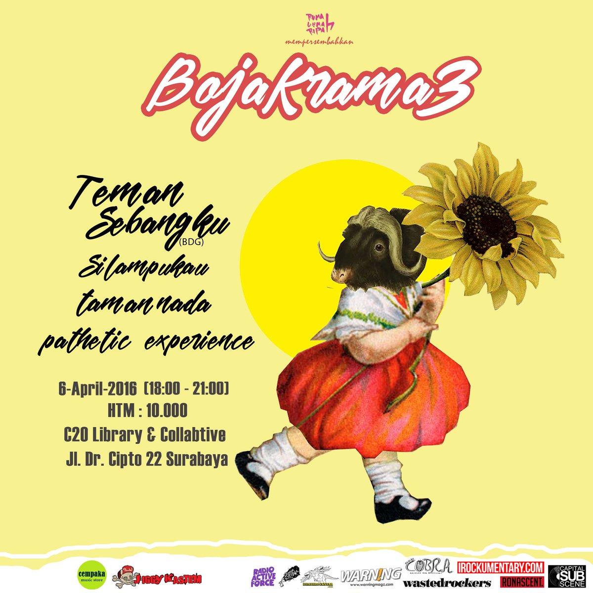 #BojaKrama3 w/ <a href="/teman_sebangku/">temansebangku</a> <a href="/silampukau/">Orkes Silampukau</a> <a href="/tamannada/">Taman Nada</a> &amp; @PatheticExp | 6 Apr 2016 at @c2o_library | 6-9 PM | HTM 10k