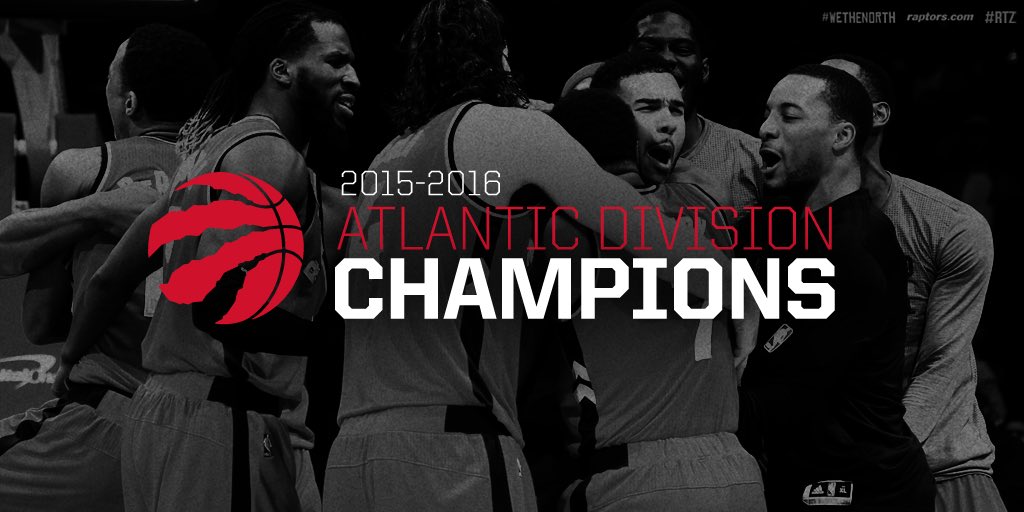 Raptors's tweet photo. With Boston's loss to Portland, Toronto clinches their third straight Atlantic Division title. #WeTheNorth https://t.co/mb0SIfZG3q