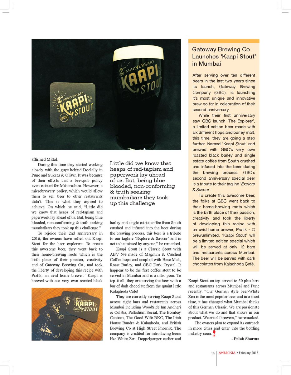 gatewaybrewery's tweet photo. #MediaCoverage: Get this issue of @ambrosiamag for the story on #GBCCraftBeer and #KaapiStout too! https://t.co/H28IMoQS0L