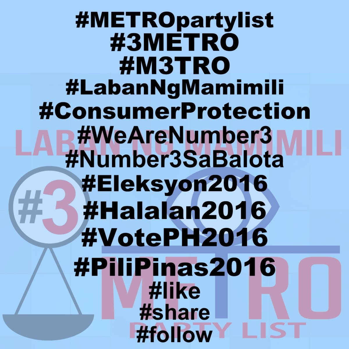 METRO_PartyList's tweet photo. This is how you #hashtag!
#METROpartylist #3METRO #M3TRO #ConsumerProtection #PiliPinas2016 #like #follow #hashtags https://t.co/I3p4GHJ2Rr
