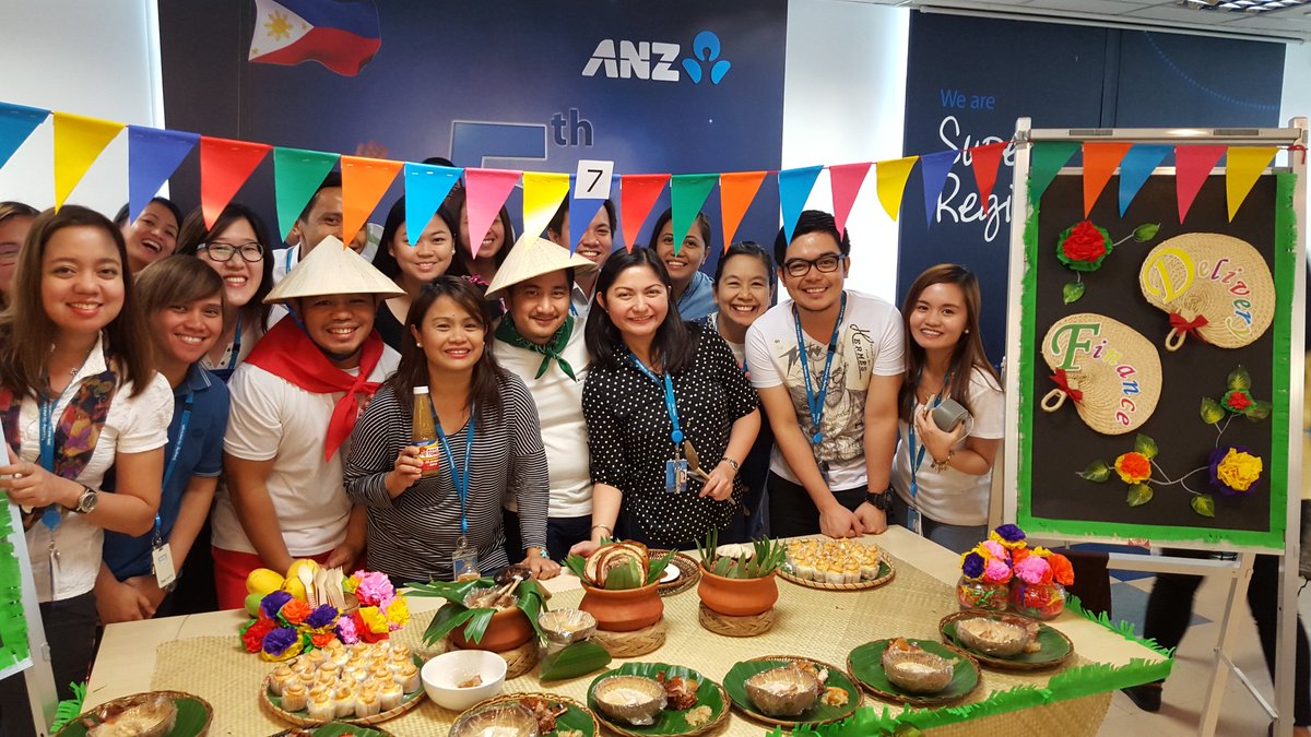 MarkWoolfrey's tweet photo. #atasteofharmony in ANZ Manila. A Filipino fiesta feast in action. Well done to all participants #manilahub #anz https://t.co/hQxO8DfclM