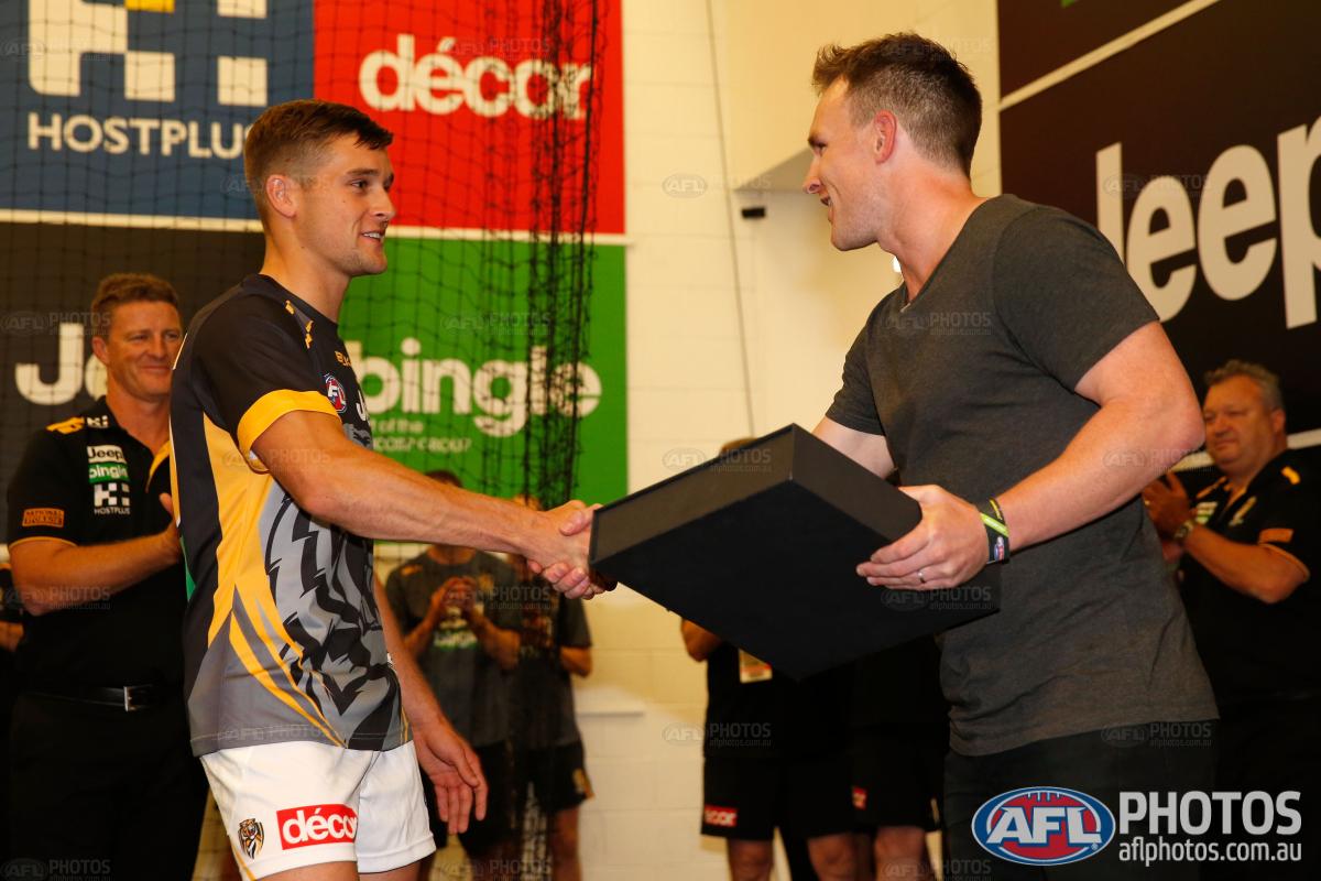 AFL's tweet photo. Congratulations are in order for Jayden Short, who is making his debut for @Richmond_FC tonight. #AFLPiesTigers https://t.co/XCQlzrdx8D