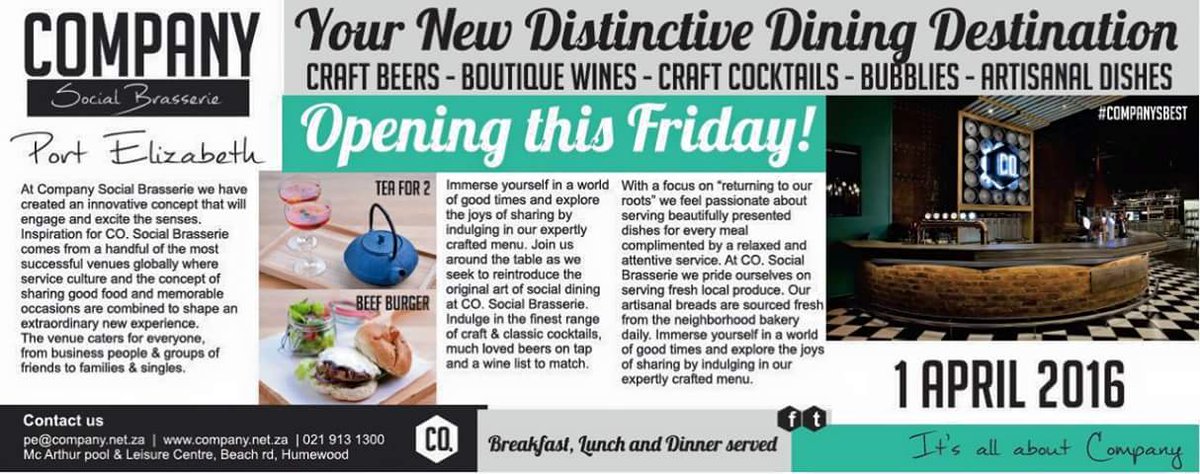 CO_Brasserie's tweet photo. One hour to the #opening of #company #portelizabeth. #comehungry #comethirsty #comeindulge #itsallaboutcompany https://t.co/ZiKPq0u9k6