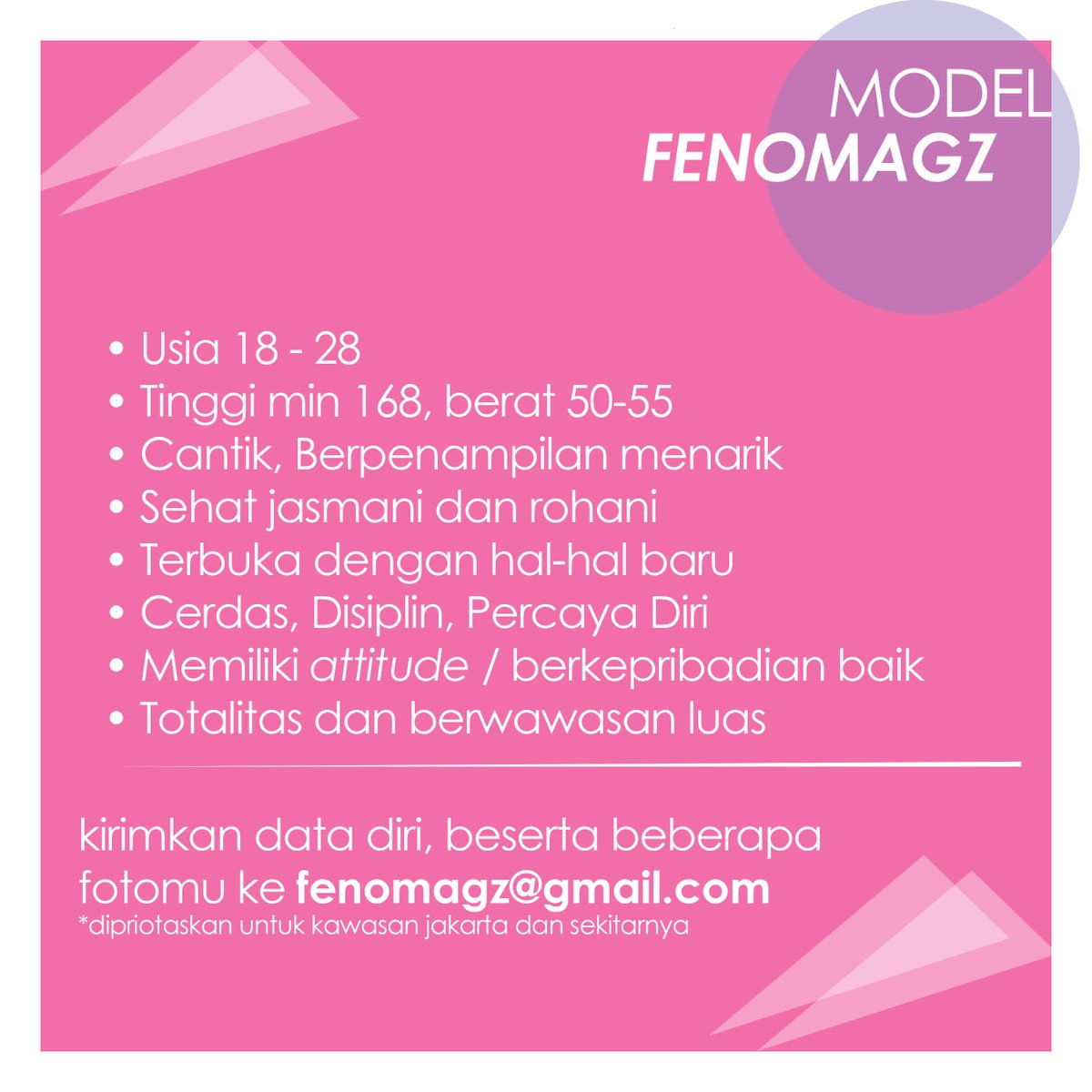 FenomagzID's tweet photo. yuk ikut, fee menarik loh! #modelling #jakarta #lowongan #karir #model #majalah #photo #photoshoot #daftar #fenomagz https://t.co/KTQFHBUZBD