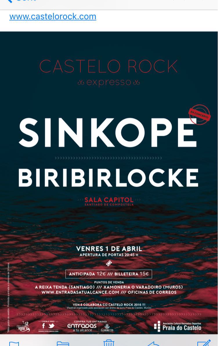 Hoy <a href="/SalaCapitol/">Sala Capitol</a> <a href="/sinkopegrupo/">Sínkope</a> + <a href="/biribirlocke/">Biribirlocke</a> <a href="/gal_concierto/">GALICIAenCONCIERTO</a> <a href="/Rock_Press/">Rockpress.es</a> <a href="/vozdesantiago/">La Voz de Santiago</a> #CasteloRockEXPRESSO