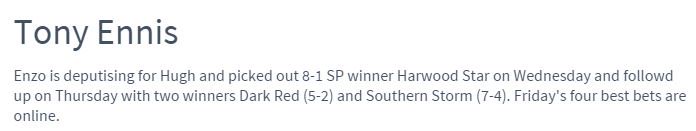 TIPS: <a href="/TonyEnnis11/">Tony Ennis</a> is in flying form and has four tips for Friday's action. Read more here>>bit.ly/1q8tihM