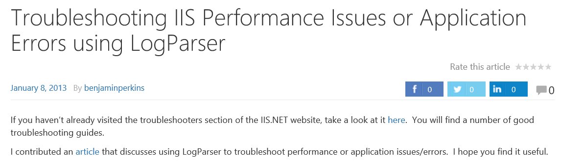 csharpguitar's tweet image. Troubleshooting IIS Perf Issues or Errors using LogParser #IIS #LOGPARSER #TROUBLESHOOTING bit.ly/1UH1RIp