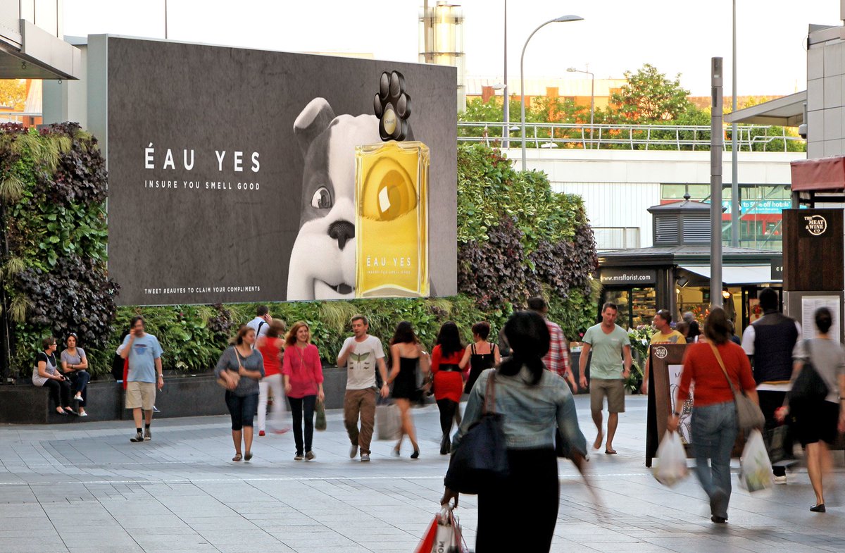 OceanOutdoorUK's tweet photo. #EauYes! Smart campaign by Churchill for their new perfume @westfieldlondon, using our ShoutOut tech too #AprilFools https://t.co/nyqZbbJINM