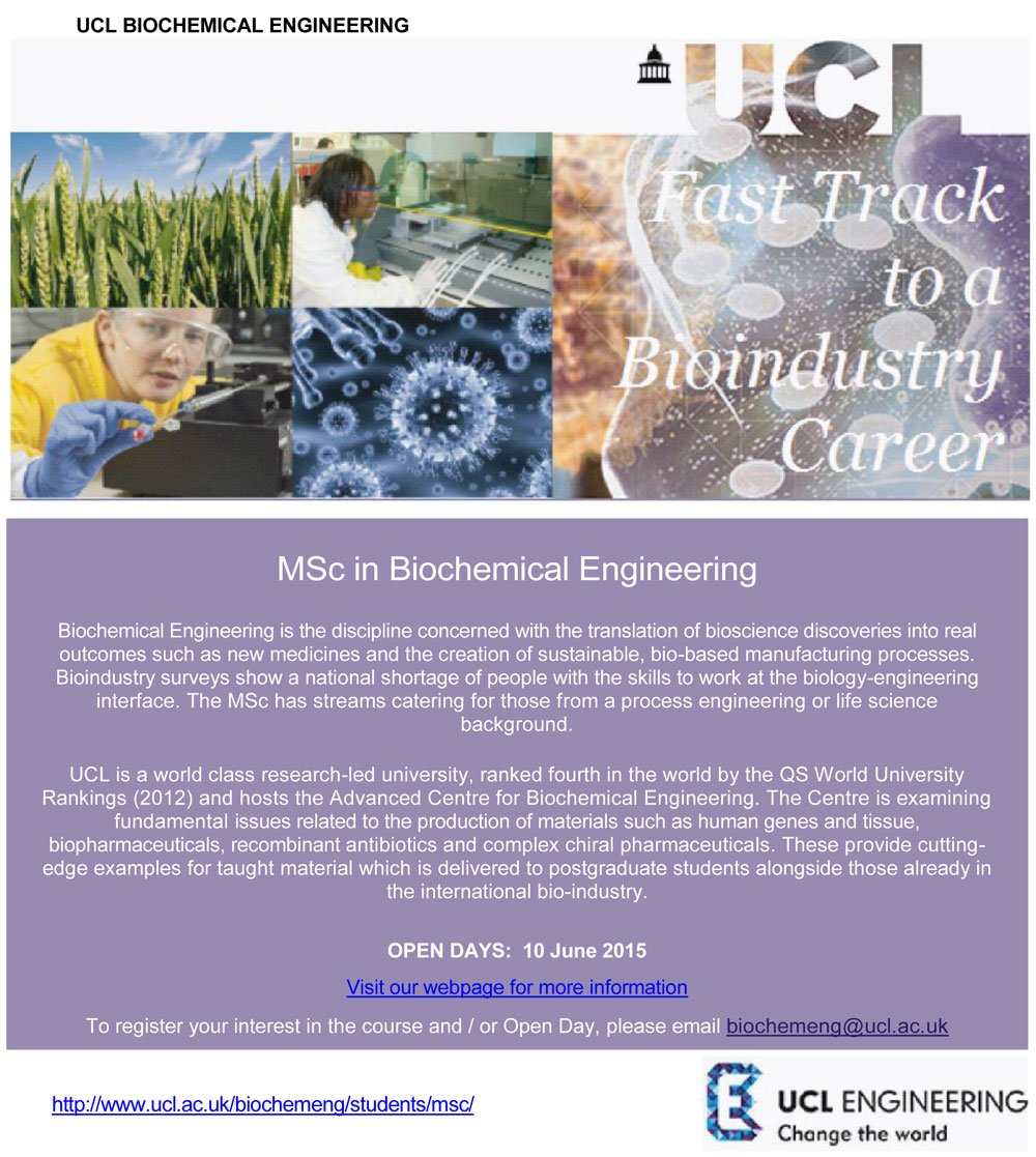 UCLBiochemEng1's tweet photo. MSc Open Day Wed 13 Apr. Come and see the facilities at UCL Biochemical Engineering &amp; find out more about the course https://t.co/EyFACTBS0S