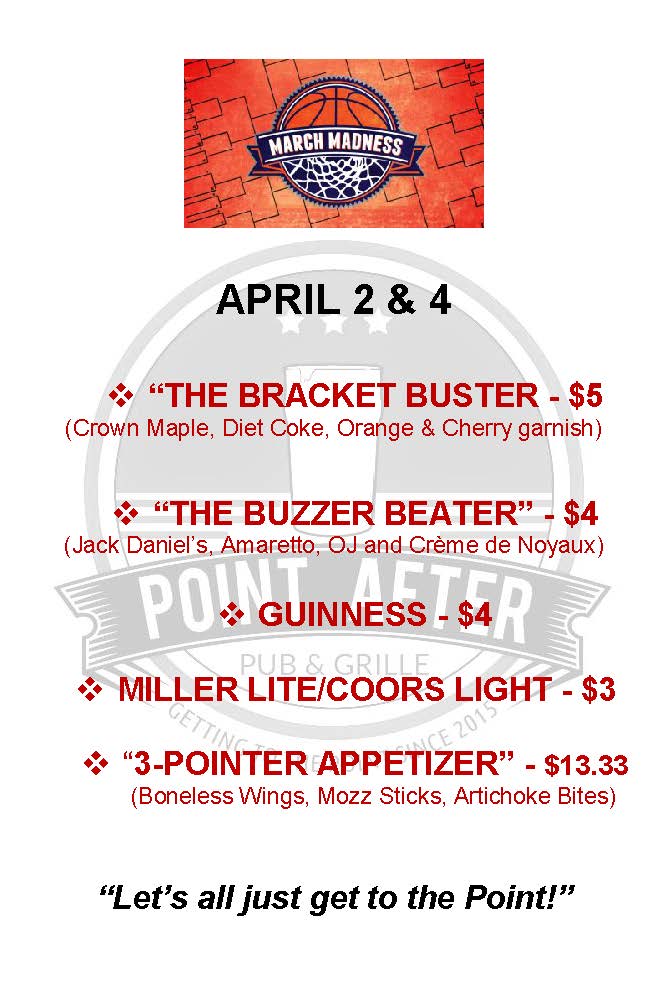 PApubandgrille's tweet photo. Great specials for the final NCAA hoops games on Saturday and Monday! #gettothepoint https://t.co/od8H3kbcvX