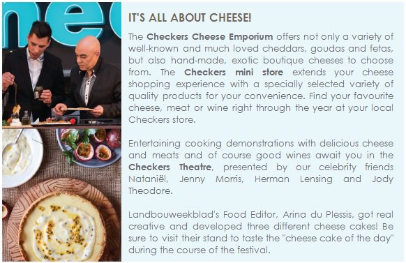 SACheeseFest's tweet photo. @Checkers &amp; @landbou treats at this year's #SACheeseFest #InTheSpotlight tickets @Computicket No tickets @ the gate https://t.co/PoTG5gKUyh