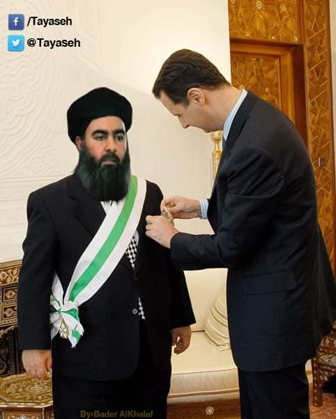 brho199552's tweet photo. قريباً الأسد يمنح أبو بكر البغدادي وسام الاستحقاق من الدرجة الممتازة،وذلك تقديراً لإنجازاته في خدمة الوطن
@mgsa2006 https://t.co/lwe3HGJmN8