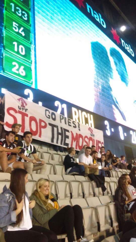 Very disappointed to see something like this being displayed at the #AFLPiesTigers game tonight! #ignorance