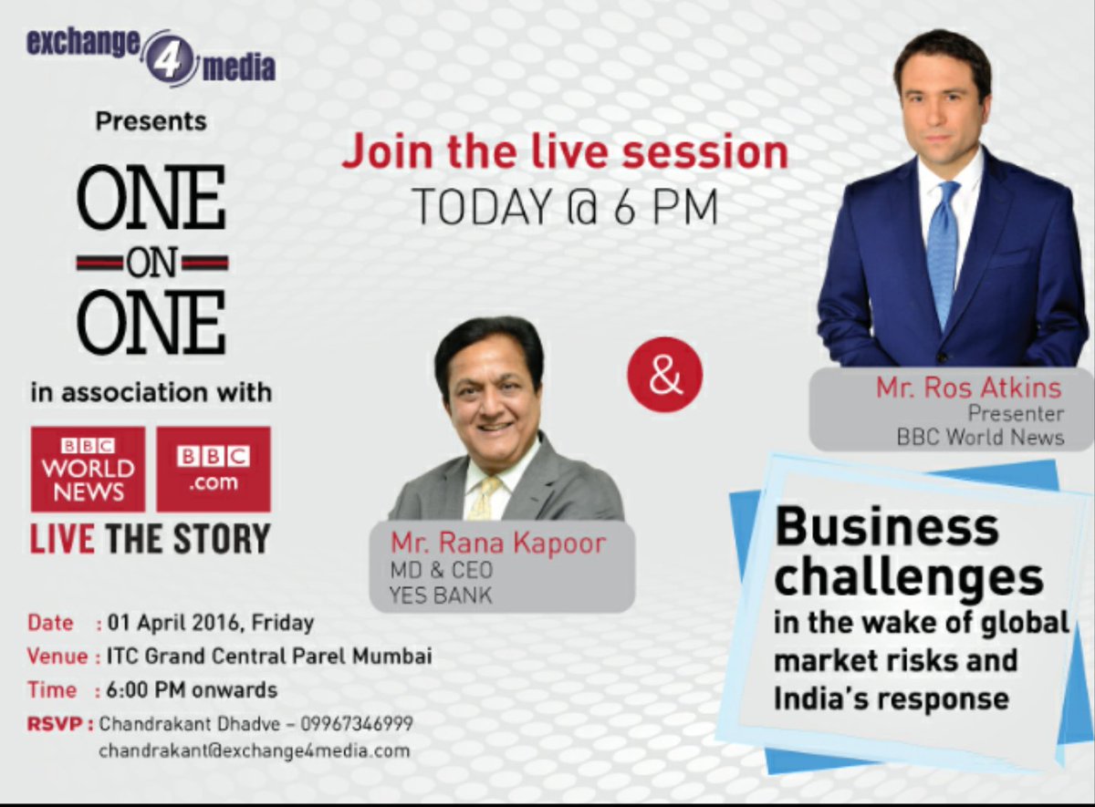 tejash212's tweet image. New age banker to talk to New age Presenter. Going to be super fun #bbc1on1 @e4mtweets @RanaKapoor_ @BBCRosAtkins