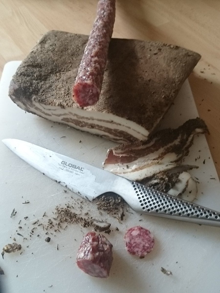 4 weeks on. First taste of my salami and pancetta. And it's good. <a href="/marshpigsalami/">Jackie</a> <a href="/FingalFerguson/">Fingal Ferguson</a> <a href="/TradeitFoodNet/">TRADEIT</a>