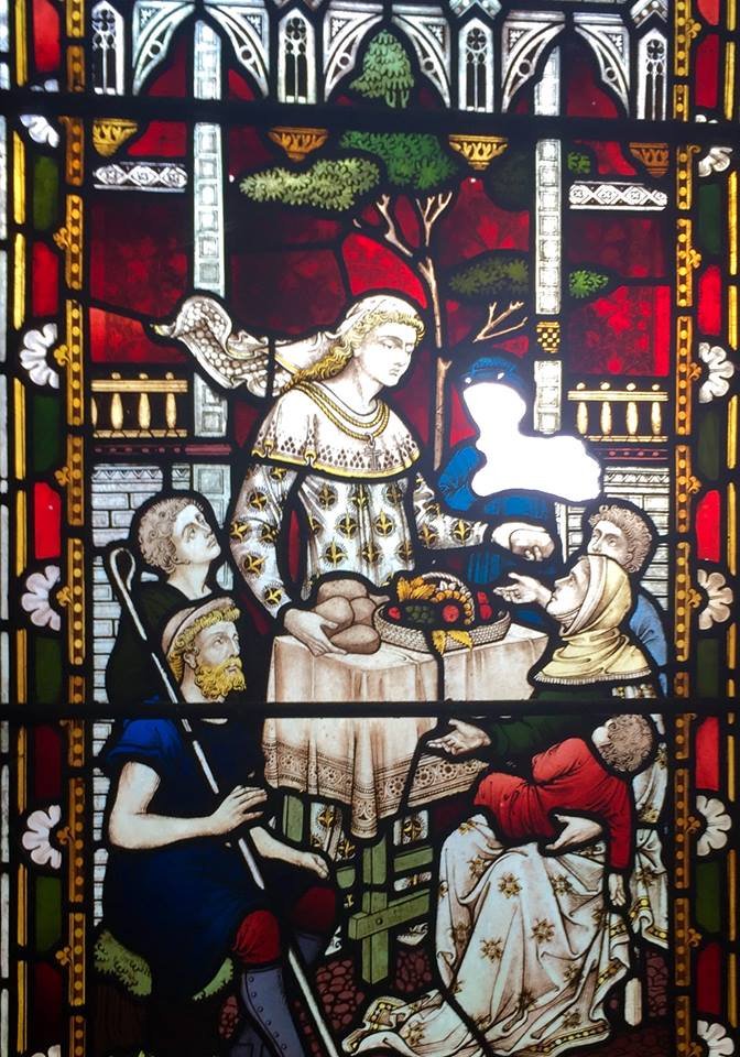 TugbyTogether's tweet photo. Stained glass conservator has visited. Can you spot the holes in the beautiful Victorian leaded window? #TugbyTower https://t.co/4GB6f4LXyN
