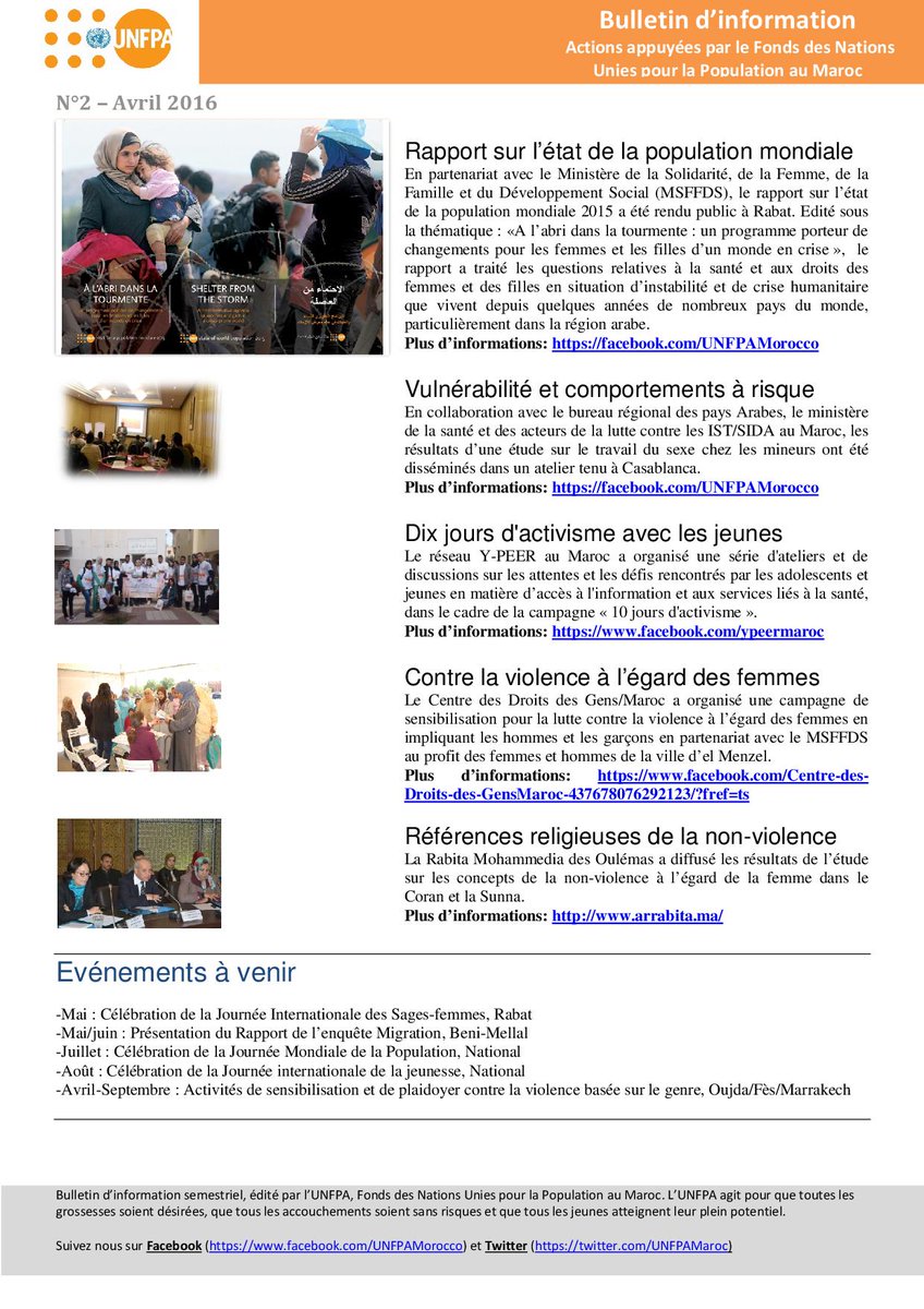 UNFPAMaroc's tweet photo. @UNFPAMaroc publie la 2ème édition de son bulletin d'information semestriel. #SWOP2015 #10DOA #16DOA @YPEERMorocco https://t.co/FGzW4N9fIf