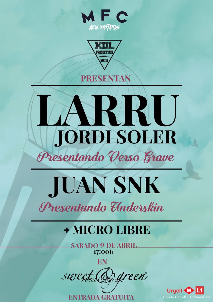 MFCrew_'s tweet photo. @LarruMusic estará presentando "Verso Grave" el próximo 9/Abril a las 17:00 en Sweet&Green (Barcelona) #MFCSound. https://t.co/42xNwMGkxd