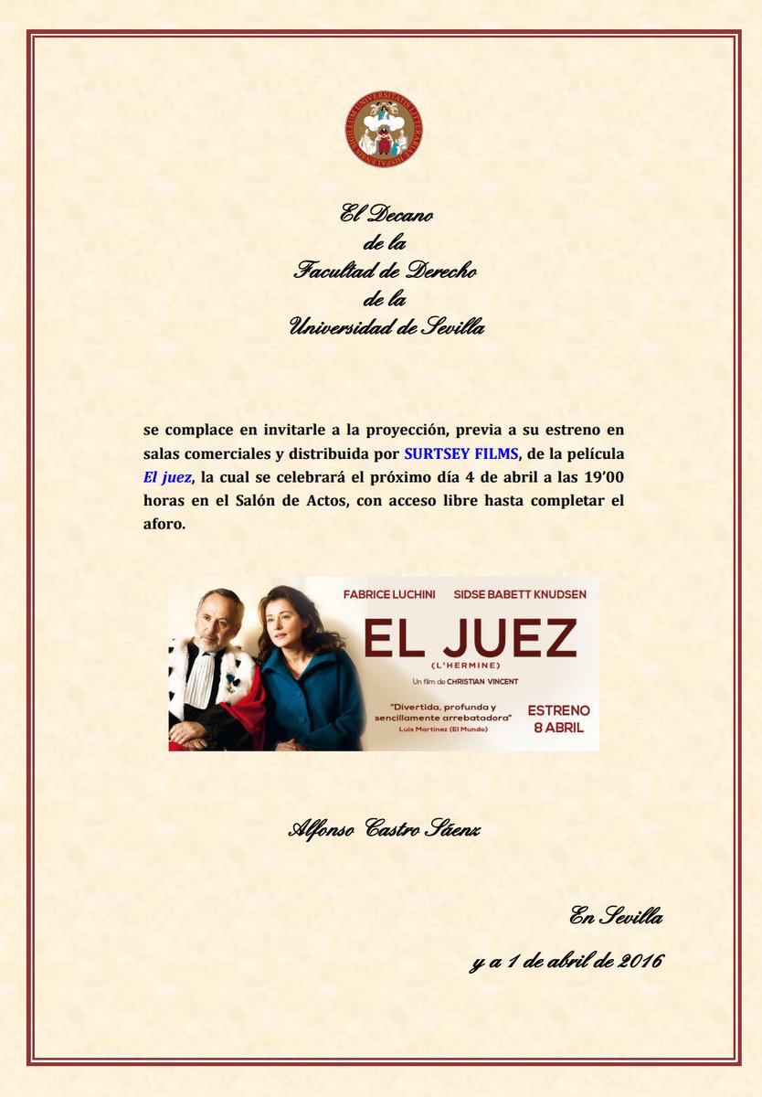 El lunes se proyectará en el Salón de Actos de la Facultad de Derecho (19'00h) la película EL JUEZ. ENTRADA LIBRE.