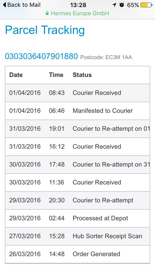 bendizzle's tweet photo. @myhermes why would you try outside office hours on 3 subsequent days - hoping for better luck on today's attempt! https://t.co/nHEv5nrXJr