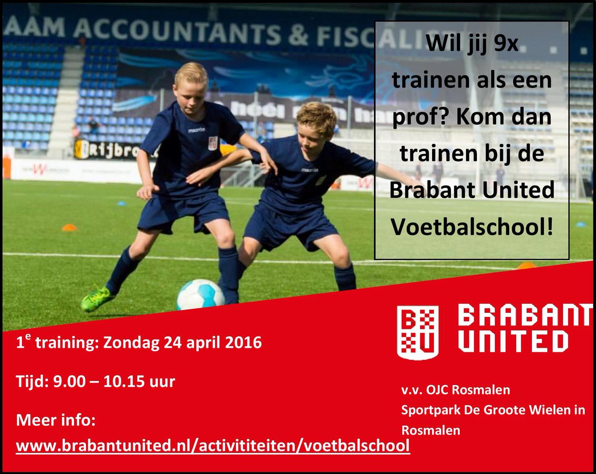 Zondag 24 april start de Brabant United Voetbalschool bij <a href="/OJCROSMALEN/">OJC ROSMALEN</a> inschrijven via brabantunited.nl/voetbalschool