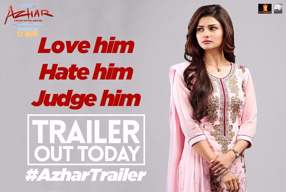Trailer out today!! <a href="/ItsPrachiDesai/">Prachi Desai</a> <a href="/emraanhashmi/">Emraan Hashmi</a> <a href="/NargisFakhri/">Nargis Fkhri</a> <a href="/AzharTheFilm/">Azhar</a> #Azhar #AzharNaureen