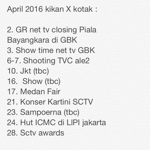 Bismillah, berikut jadwal kikanXkotak untuk bulan April 2016, cc. <a href="/WarnerMusicID/">WarnerMusicID</a> <a href="/AldiNovianto12/">Aldi Novianto</a>