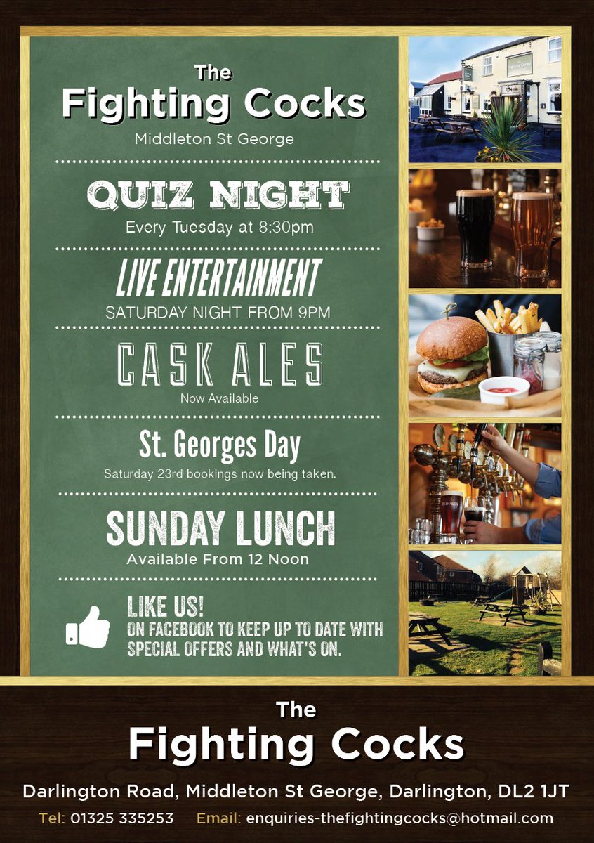 DarlingtonMonth's tweet image. #DarloBiz Fab food, great entertainment @fightingcocks4 MSG Bookings taking for St. Georges Day Contact 01325 335253