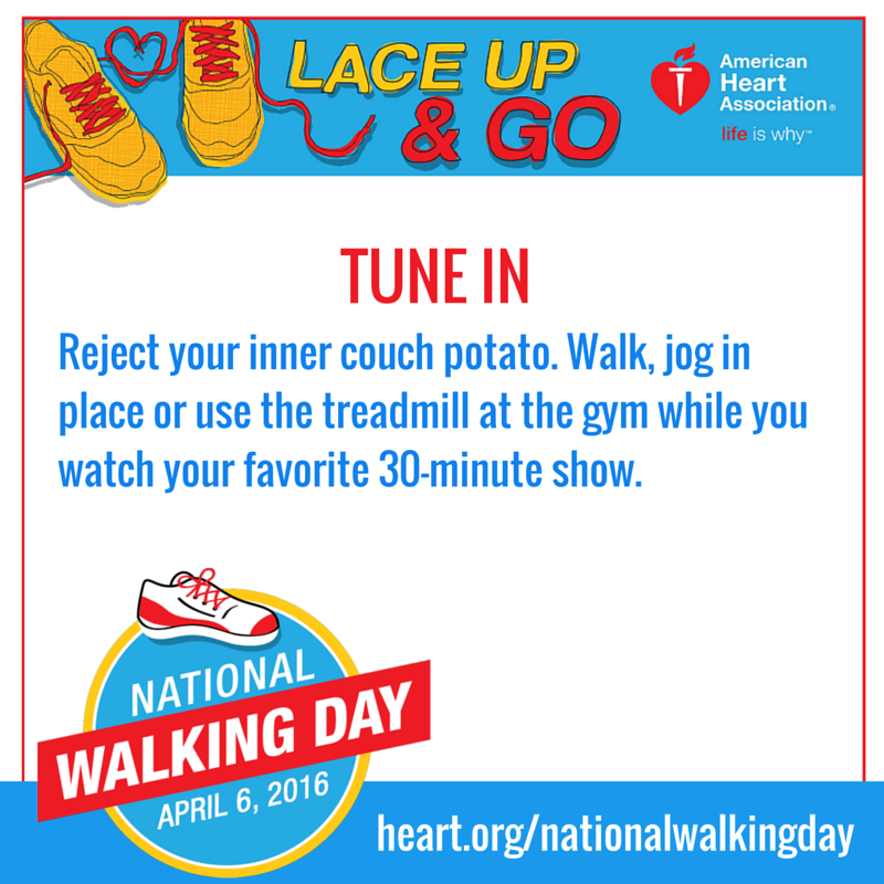 American_Heart's tweet photo. Don’t be a fool this April Fools’ Day! Sign up and get moving on National Walking Day, Wednesday April 6. #AHALaceUp https://t.co/DK8WhqTrwk