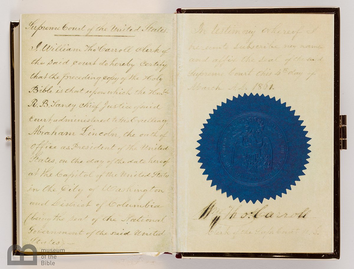 PassagesExhibit's tweet photo. The Bible's impact on politics has been significant throughout history. Lincoln’s inaugural Bible on display today. https://t.co/oiJHBhqbRX